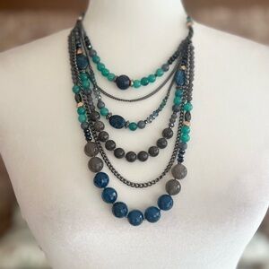 Necklace Multi Strand Beaded Teal Blue Ivory Art Deco Chunky Pewter Tone Costume